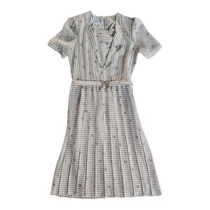 Vintage VTG 60s 70s 80s Eileen Striped Floral Dress V Neck Belted Pleated 7